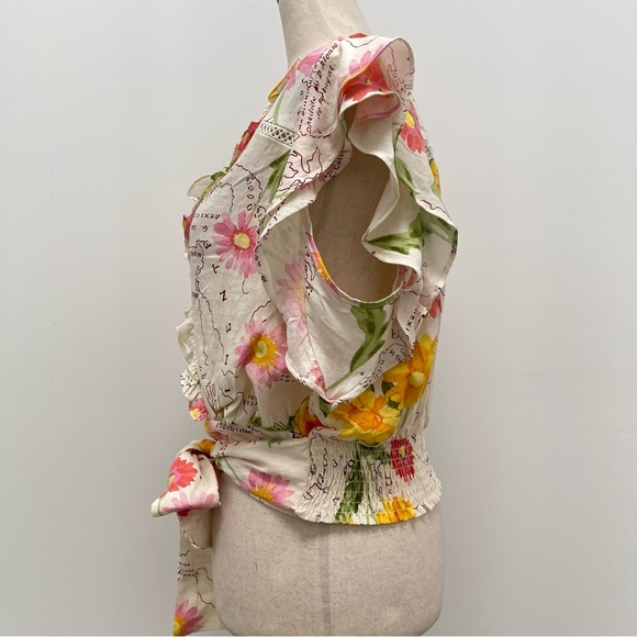 Calypso St. Barth Floral Wrap Ruffle Linen Blend Natural Shirt Size Large - Picture 6 of 11